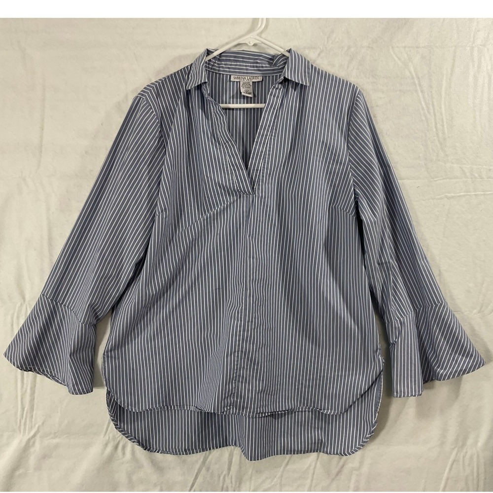 Sabrina Lauren Blouse Women Large‎ Blue White Striped Bell Sleeve V-Neck Popover